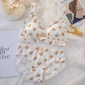 Cute Kawaii Teddy Bear Bra and Panty Set Wireless Ruffle Sweet Cute Lingerie